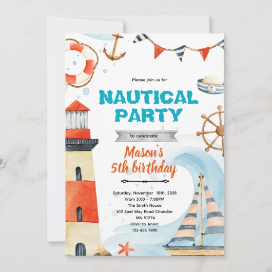 Nautisch douche verjaardagsfeest thema uitnodiging (Voorkant)