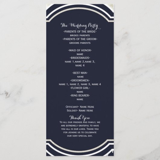 Nautisch Elegant Navy White Beach Wedding Programm Programmakaart (Achterkant)