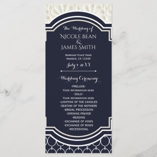Nautisch Elegant Navy White Beach Wedding Programm Programmakaart (Voorkant)