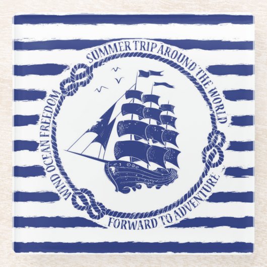 Nautisch embleem met zeilschip glazen onderzetter (Voorkant)