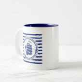 Nautisch embleem met zeilschip tweekleurige koffiemok (Voorkant links)