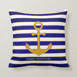 Nautisch familie goud anker op marineblauw en wit kussen