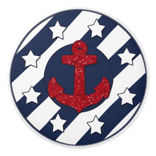 Nautisch | Faux Red Glitter | Witte sterren Keramische Knop (Voorkant)