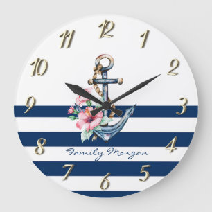 Nautisch, Floral Anchor Navy Blue Stripes Grote Klok