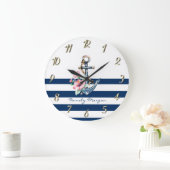 Nautisch, Floral Anchor Navy Blue Stripes Grote Klok (Huis)