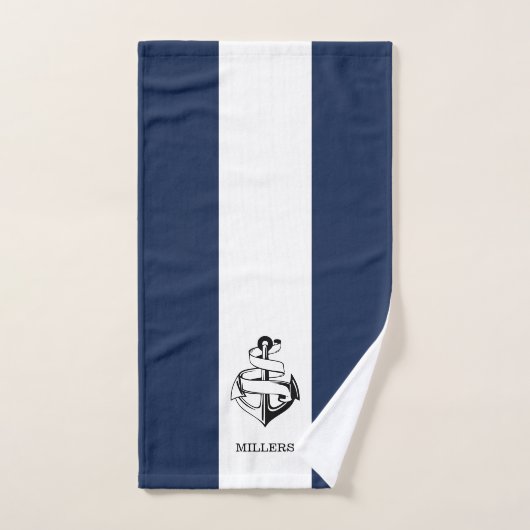 Nautisch gestreept marineblauw en wit anker bad handdoek (Handdoek)