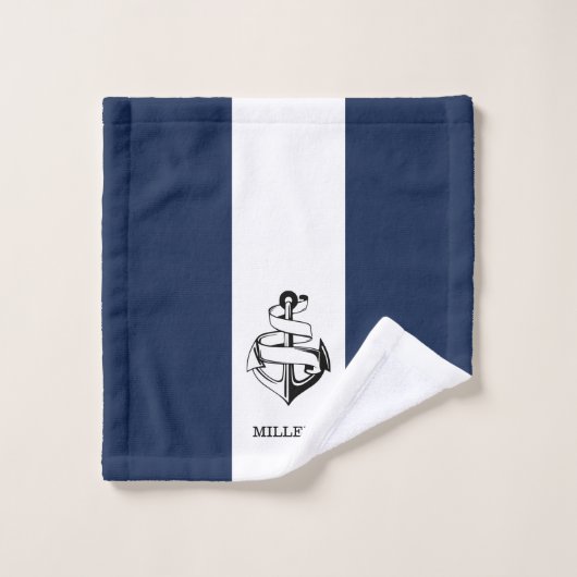 Nautisch gestreept marineblauw en wit anker bad handdoek (Wasdoekje)