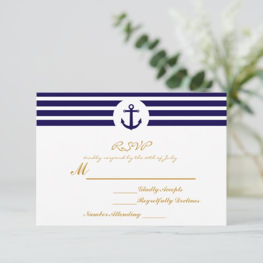 Nautisch Gestreepte Anker RSVP Wedding Kaart (Staand voorkant)