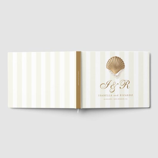 Nautisch Gestreepte Gouden Zeeschelp Kustbruiloft Gastenboek (Volledig)