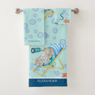 Nautisch Gnoom Monogram Naam Blauwgroen Blauw Wit Bad Handdoek