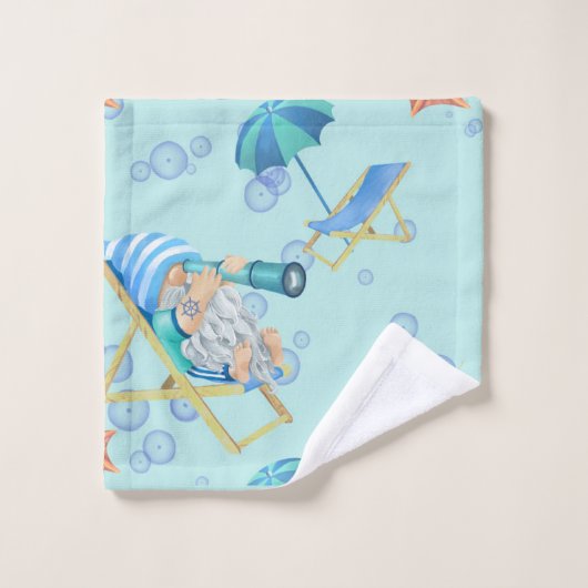 Nautisch Gnoom Monogram Naam Blauwgroen Blauw Wit Bad Handdoek (Wasdoekje)