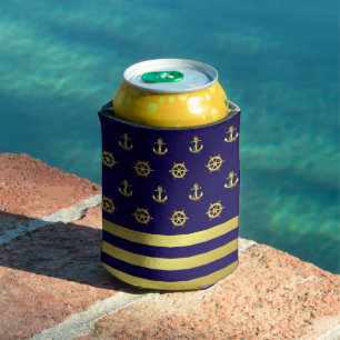 Nautisch/goud/scheepsanker en wiel/marineblauw blikjeskoeler