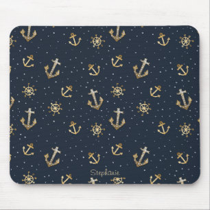 Nautisch gouden anker & helmpatroon op blauw muismat