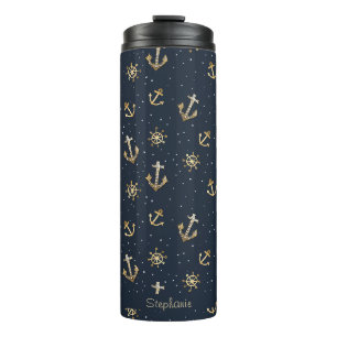 Nautisch gouden anker & helmpatroon op blauw thermosbeker