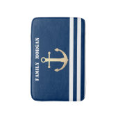 Nautisch, Gouden Anker Navy Blauwe Gestreepte Badmat (Voorkant Verticaal)