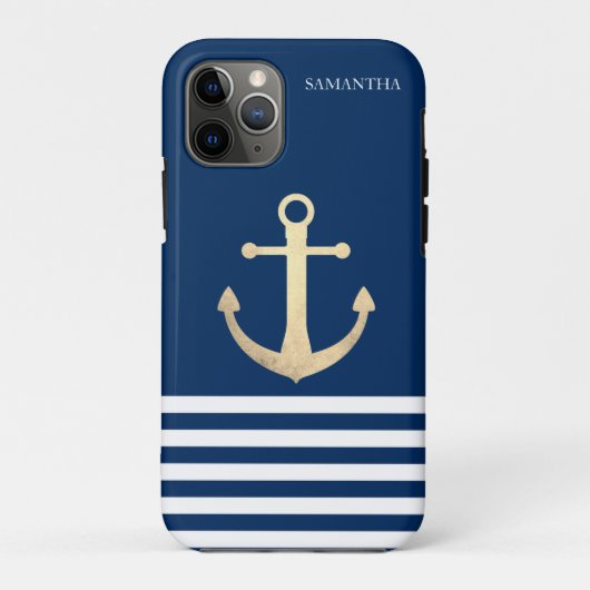 Nautisch, Gouden Anker Navy Blauwe Gestreepte Case-Mate iPhone Case (Achterkant)