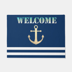 Nautisch, Gouden Anker Navy Blauwe Gestreepte Deurmat