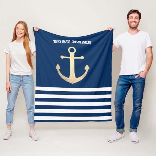 Nautisch, Gouden Anker Navy Blauwe Gestreepte Fleece Deken (In situ)