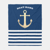 Nautisch, Gouden Anker Navy Blauwe Gestreepte Fleece Deken (Voorkant)
