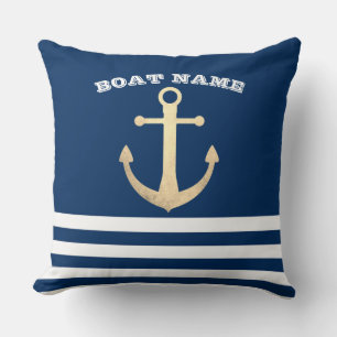 Nautisch, Gouden Anker  Navy Blauwe Gestreepte Kussen