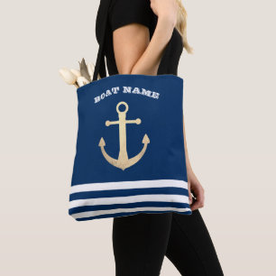 Nautisch, Gouden Anker Navy Blauwe Gestreepte Tote Bag
