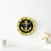 Nautisch gouden schip/bootanker op zwart schip ronde klok (Huis)