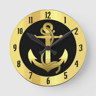Nautisch gouden schip/bootanker op zwart schip ronde klok