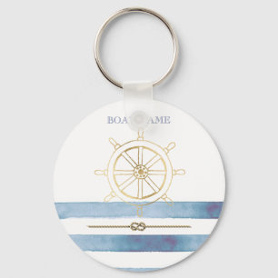 Nautisch gouden stuurwiel, blauwe aquarelstrepen sleutelhanger