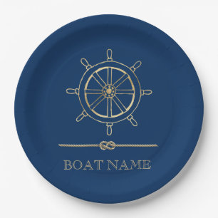 Nautisch Gouden Stuurwiel,Marineblauw  Papieren Bordje