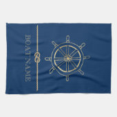Nautisch Gouden Stuurwiel,Marineblauw  Theedoek (Horizontaal)