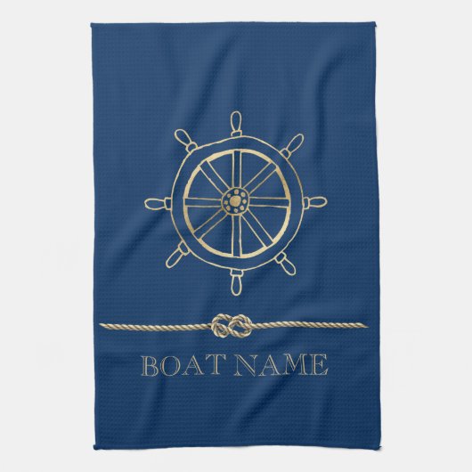 Nautisch Gouden Stuurwiel,Marineblauw  Theedoek (Verticaal)