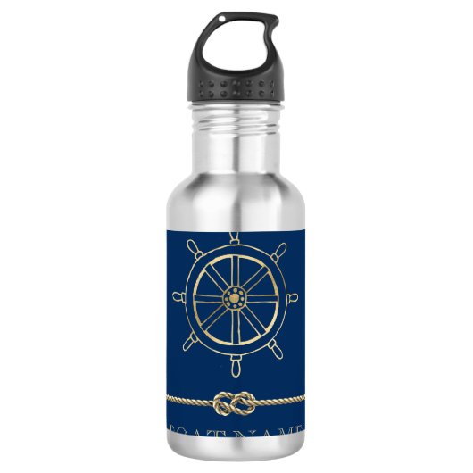 Nautisch Gouden Stuurwiel,Marineblauw Waterfles (Voorkant)