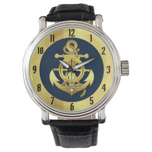 Nautisch goudschip/bootanker/marineblauw-ronde-sch horloge