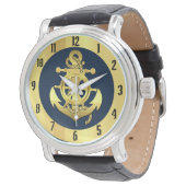 Nautisch goudschip/bootanker/marineblauw-ronde-sch horloge (Gekanteld)