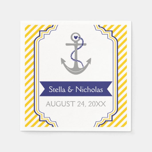 Nautisch grijs anker marineblauw, gele bruiloft servet (Voorkant)