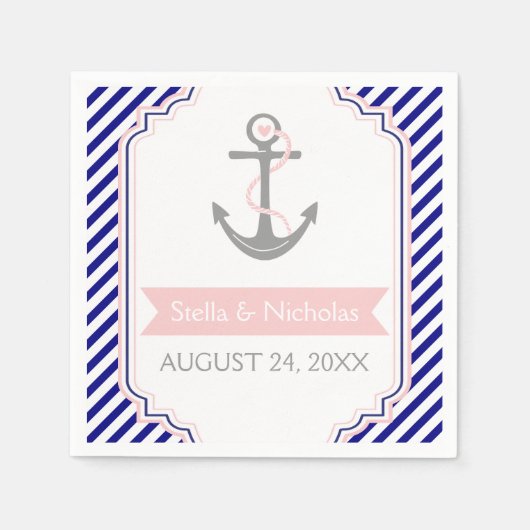 Nautisch grijs anker roze marine blauw wit bruilof servet (Voorkant)