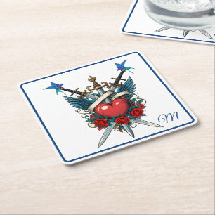 Nautisch Hart Bloemen Rood Blauw Kartonnen Onderzetters