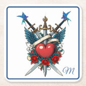 Nautisch Hart Bloemen Rood Blauw Kartonnen Onderzetters (Voorkant)