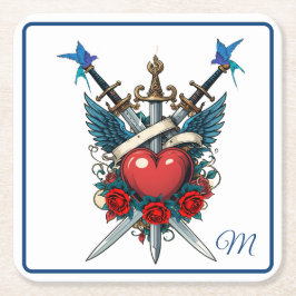 Nautisch Hart Bloemen Rood Blauw Kartonnen Onderzetters