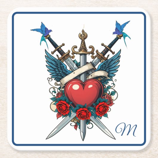 Nautisch Hart Bloemen Rood Blauw Kartonnen Onderzetters (Voorkant)