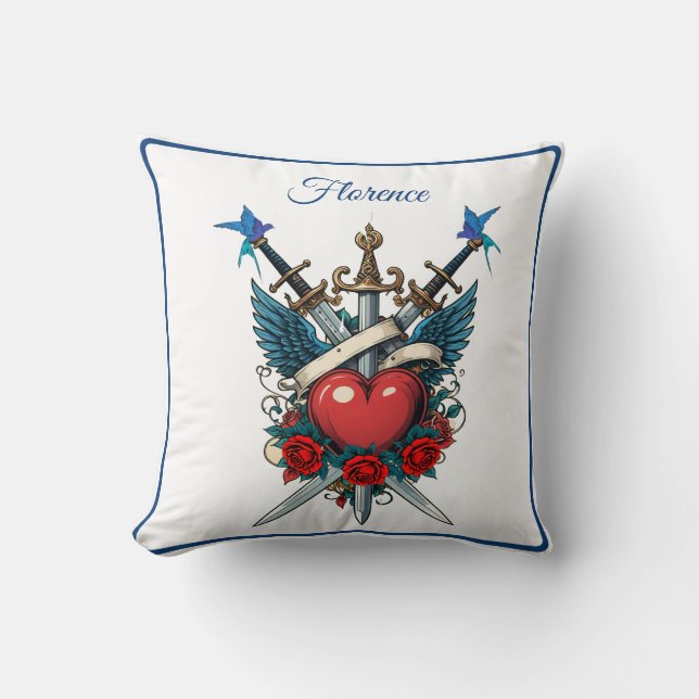 Nautisch Hart Bloemen Rood Blauw Kussen (Voorkant)