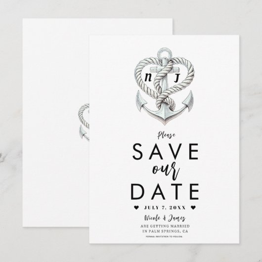 Nautisch Hart Touw Anker Kust Save the Date Kaart (Voorkant / Achterkant)