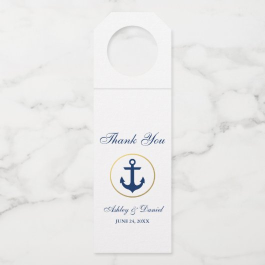 Nautisch huwelijk Navy-blauw Goud Wit Bedankt Flessenhanger (Voorkant)