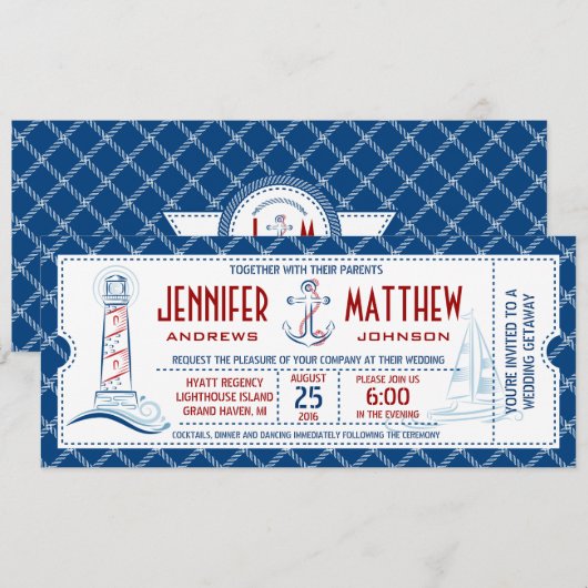nautisch huwelijksuitnodigingsticket kaart (Voorkant / Achterkant)