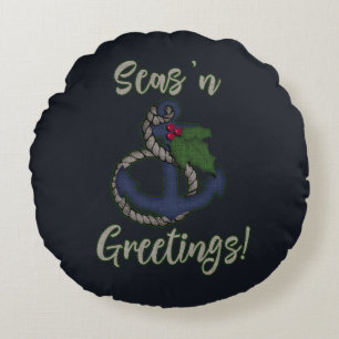 Nautisch kerstfeest   Anchor en Holly Rond Kussen