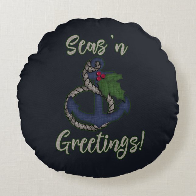 Nautisch kerstfeest | Anchor en Holly Rond Kussen (Voorkant)