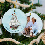 Nautisch kerstzeilschip keramisch ornament<br><div class="desc">Dit nautische kerstornament met een fotosjabloon op de achterkant beschikt over een waterverf zeilschip ingericht voor de feestdagen, op een aqua blauw waterverf textuur achtergrond. Bekijk het collectie voor overeenkomende producten en voel je vrij om me te berichten via Zazzle Chat als je een speciaal product of ontwerp tweaks nodig...</div>