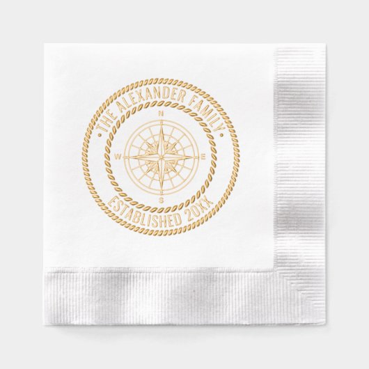 Nautisch Kompas #3 Familienaam Datum ESTD Touw Van Folie Servetten (Voorkant)