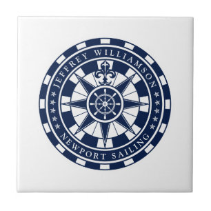 Nautisch Kompas, Blauw en Wit, Nautisch Tegeltje