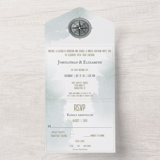  nautisch kompas bruiloft all in one uitnodiging (Binnen)